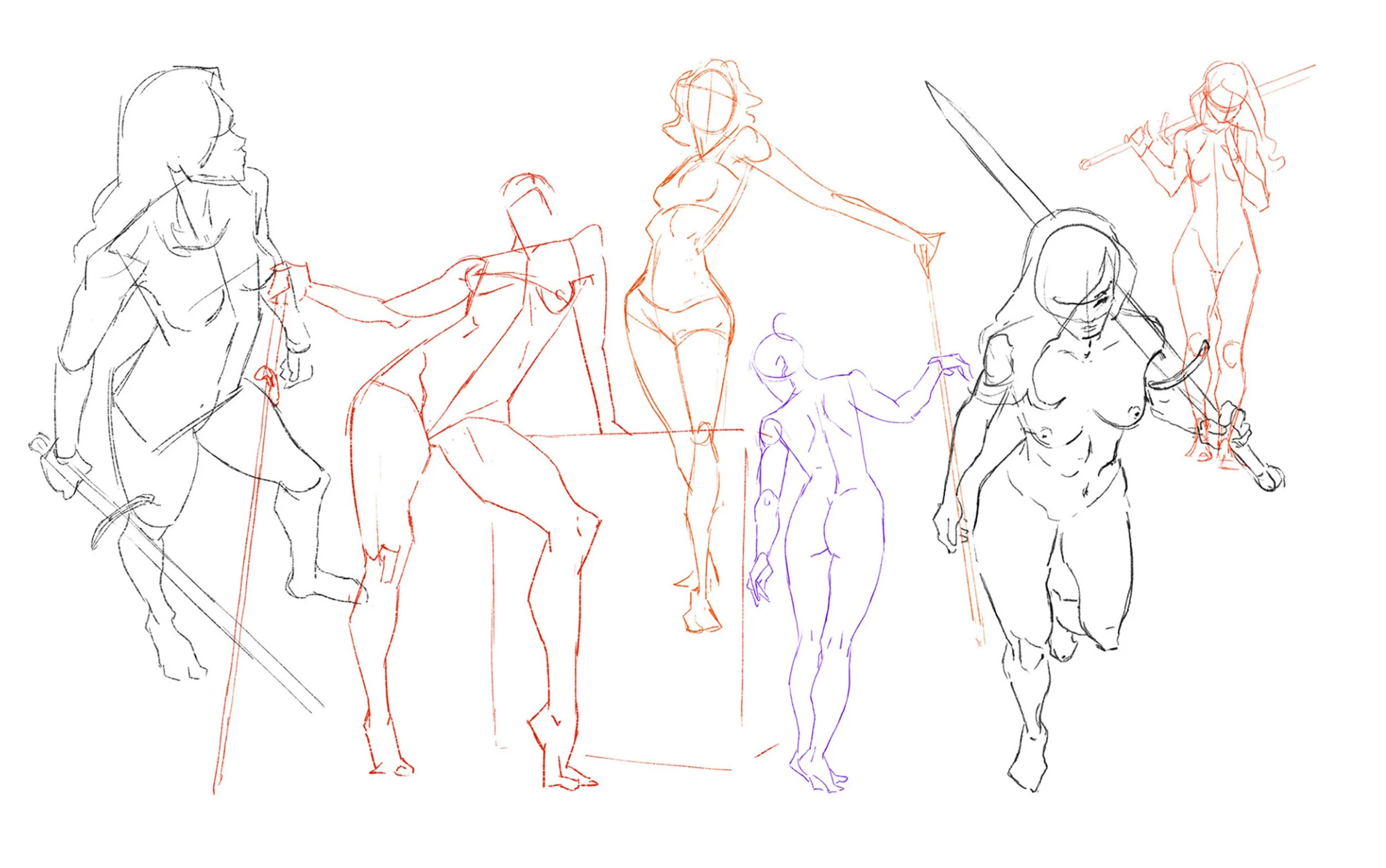 Gesture and figure drawing study sheet featuring multiple quick pose sketches of full-body female figures, action stances with swords, and anatomical construction lines rendered in black, red, and purple digital pencil.