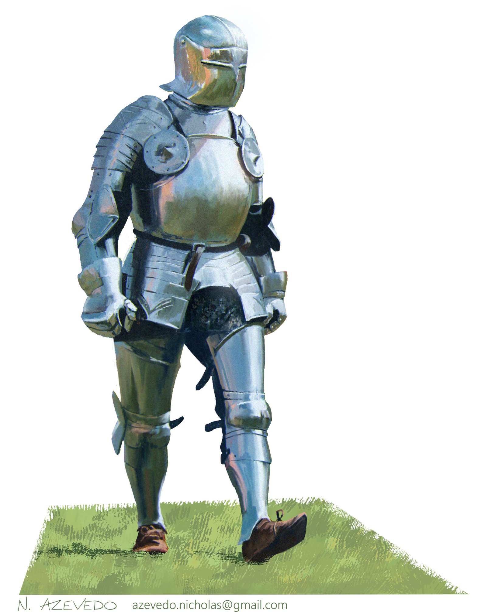 Digital painting study of a medieval knight in polished full plate armor walking across a patch of grass, wearing a sallet helmet, pauldrons with circular besagews, articulated gauntlets, and leather shoes.