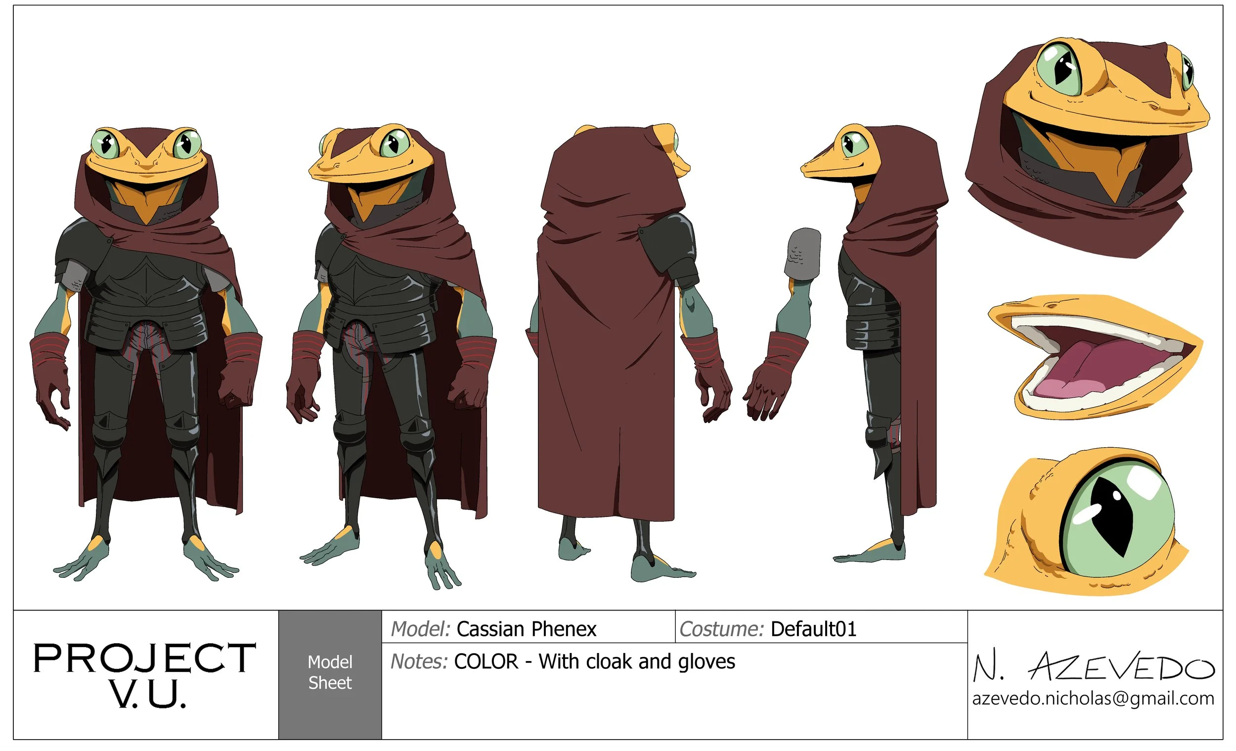 Character design model sheet for Cassian Phenex showing full turnaround views, head callouts, and eye details of a yellow and green humanoid frog warrior wearing a hooded brown cloak, dark armor, and red gloves.