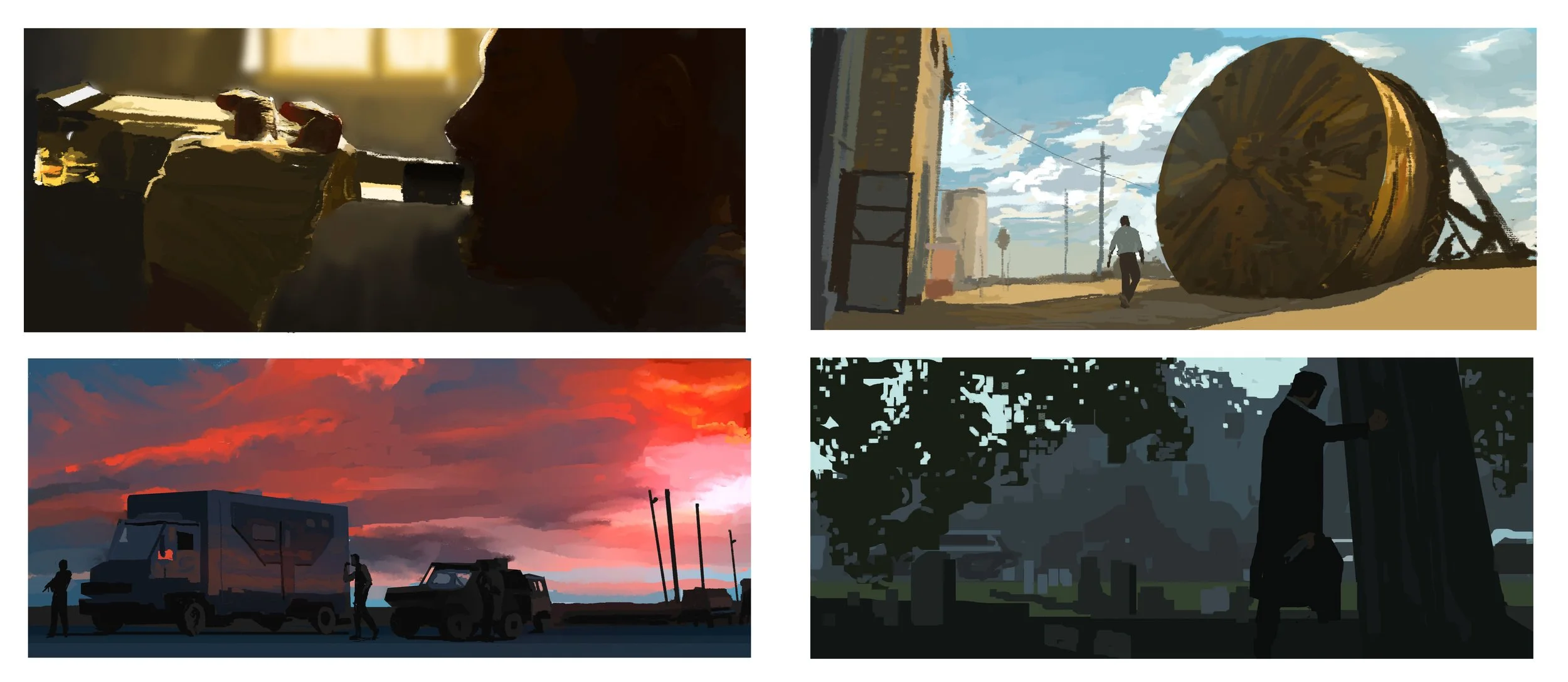 A collage of four digital paintings. The top left shows a person holding a cigarette in shadowy lighting. The top right depicts a large hay bale outside with a person walking nearby under a partly cloudy sky. The bottom left features RVs and cars par