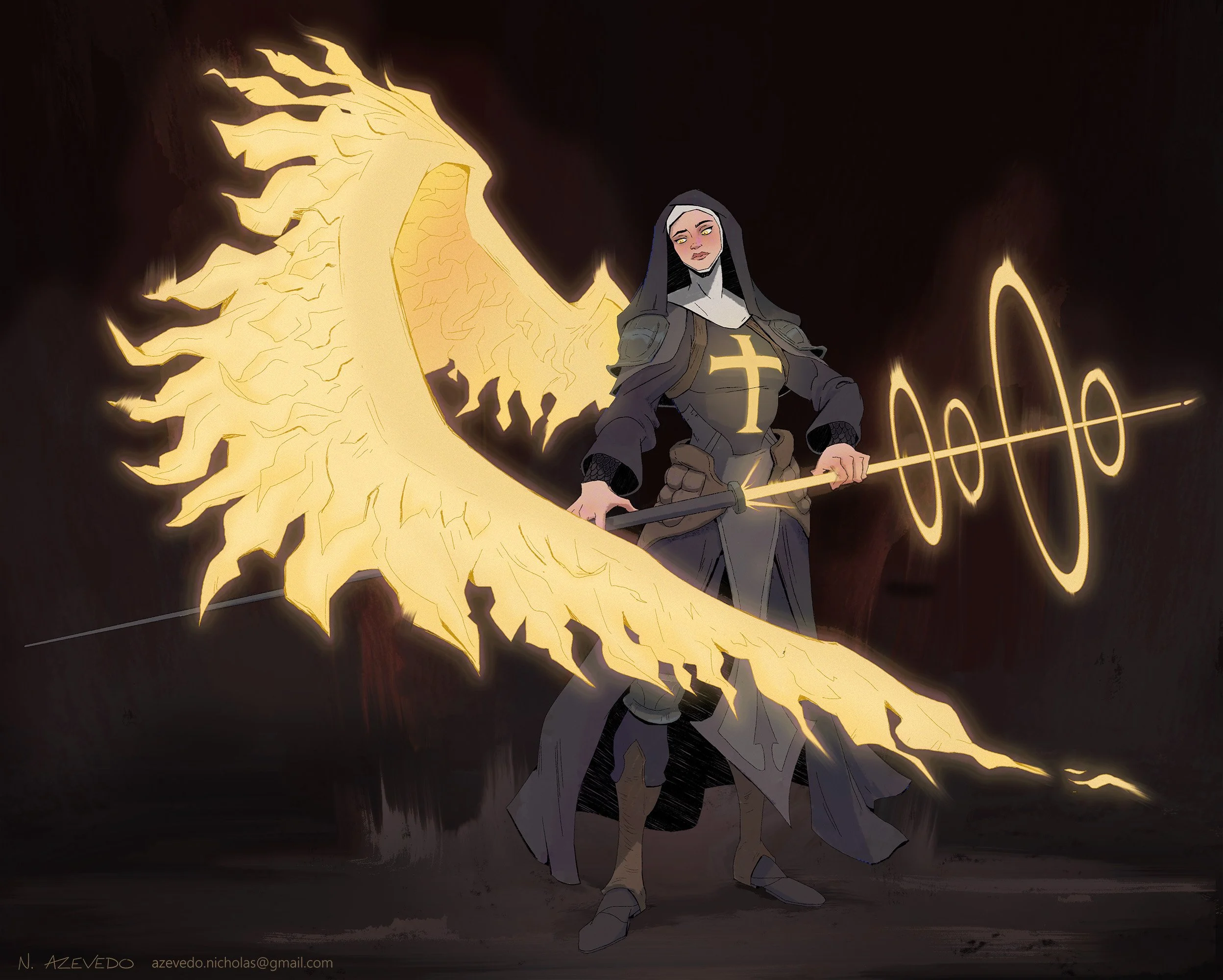 Full-color visual development illustration of a warrior nun in a dark habit and armored chest piece bearing a cross, wielding a glowing golden energy polearm with a single massive fiery wing emitting light against a dark background.