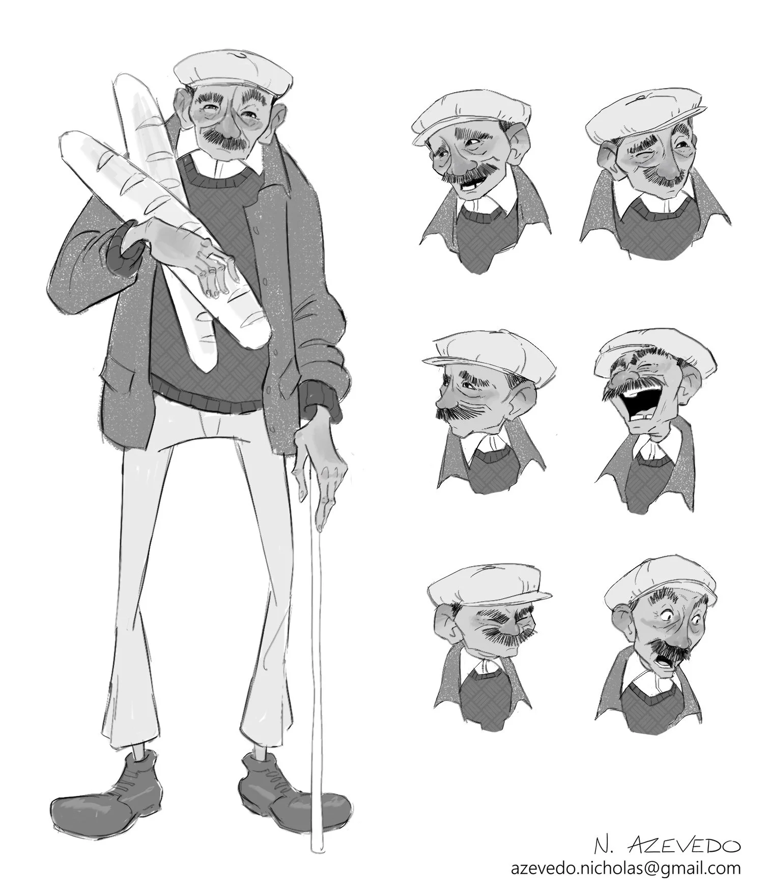 Black and white illustration of an elderly man with a mustache and beard, wearing a beret, coat, sweater, and pants, holding a large baguette in his left hand. To the right are multiple smaller sketches of his head with different facial expressions, 