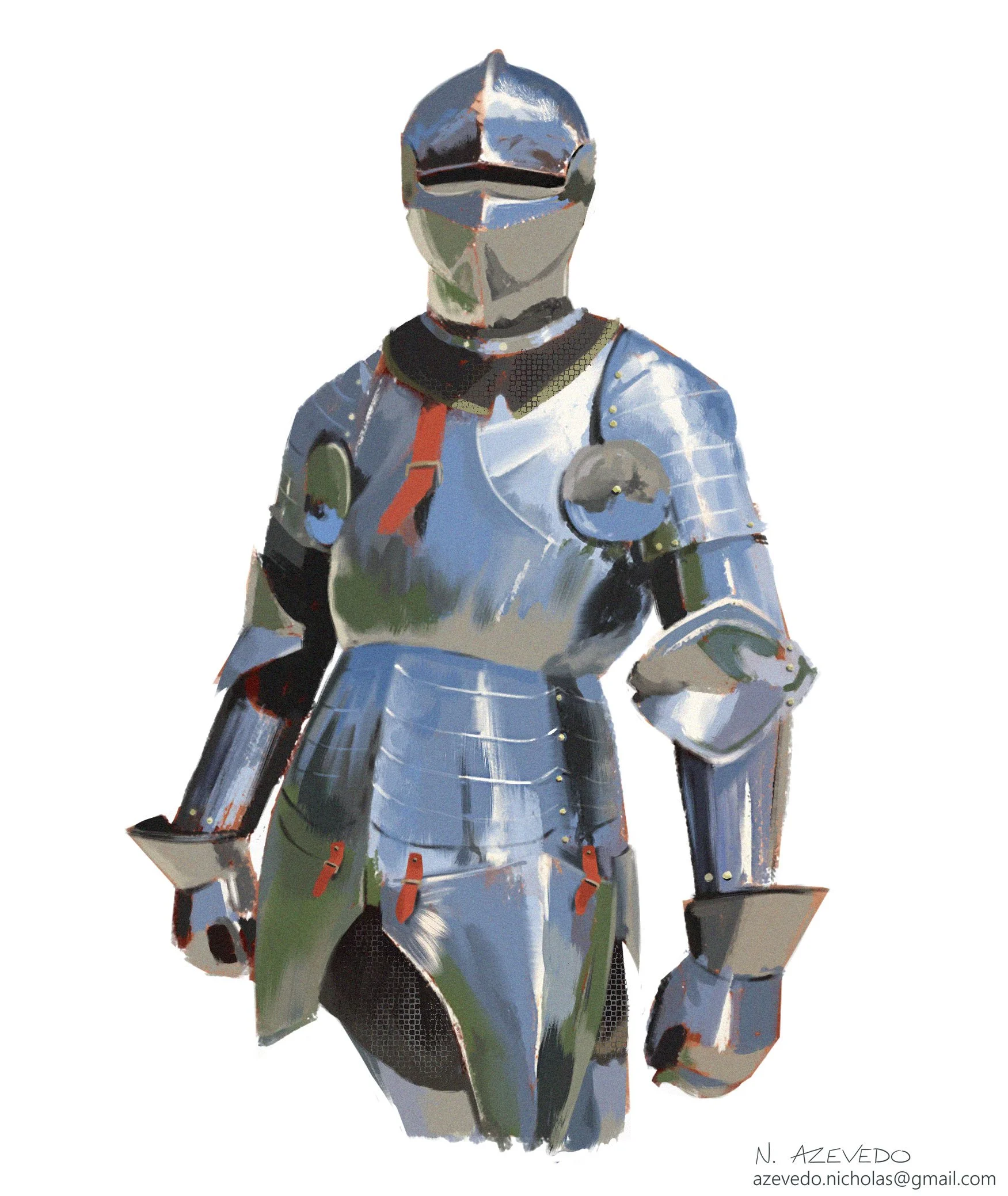 Digital painting study depicting the upper torso of a medieval knight in gleaming polished plate armor, featuring a close-fitting helmet with a narrow eye slit, circular besagews over the shoulders, and red leather fastening straps.