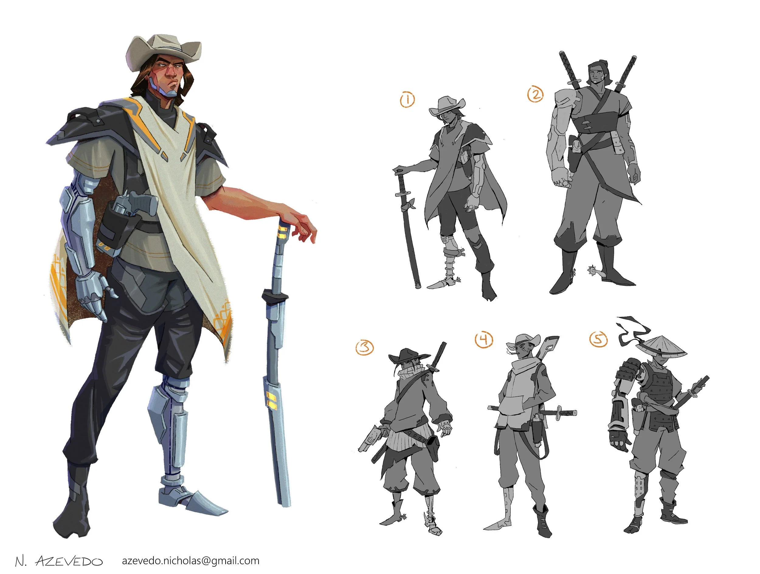 Designs of a female character in futuristic armor and weapons, shown in full color on the left and sketch versions on the right.
