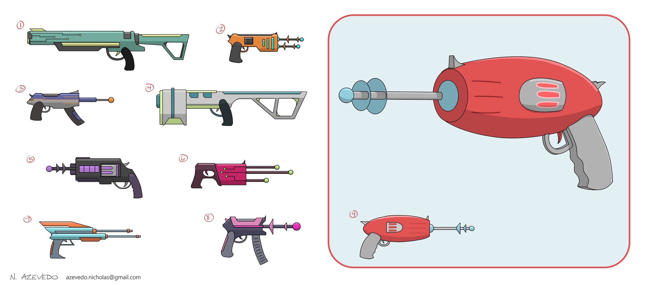 Prop design concept sheet featuring eight numbered explorations and a final rendered model of retro-futuristic sci-fi ray guns, rifles, and blasters in a clean 2D animation pipeline style.