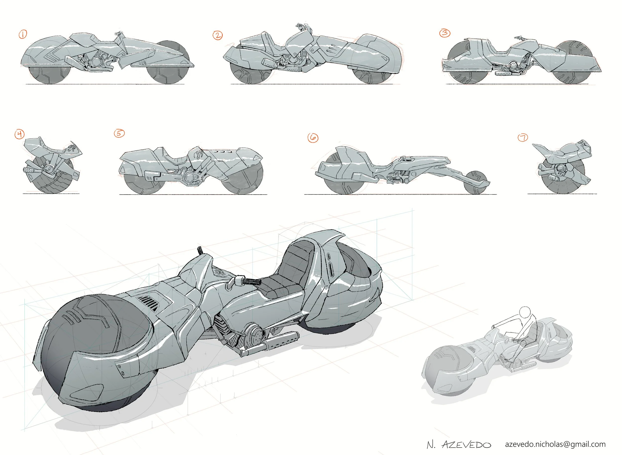 Technical drawing of a futuristic motorcycle concept from multiple angles, including side, front, and top views.