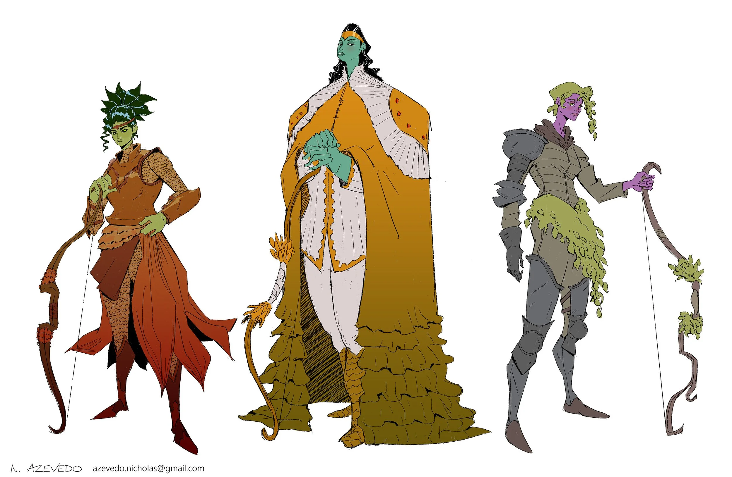 Visual development concept lineup featuring three distinct fantasy female archers holding recurve bows, including a green-skinned warrior in bronze plate armor, a tall green-skinned noble in an ornate cloak, and a purple-skinned ranger.
