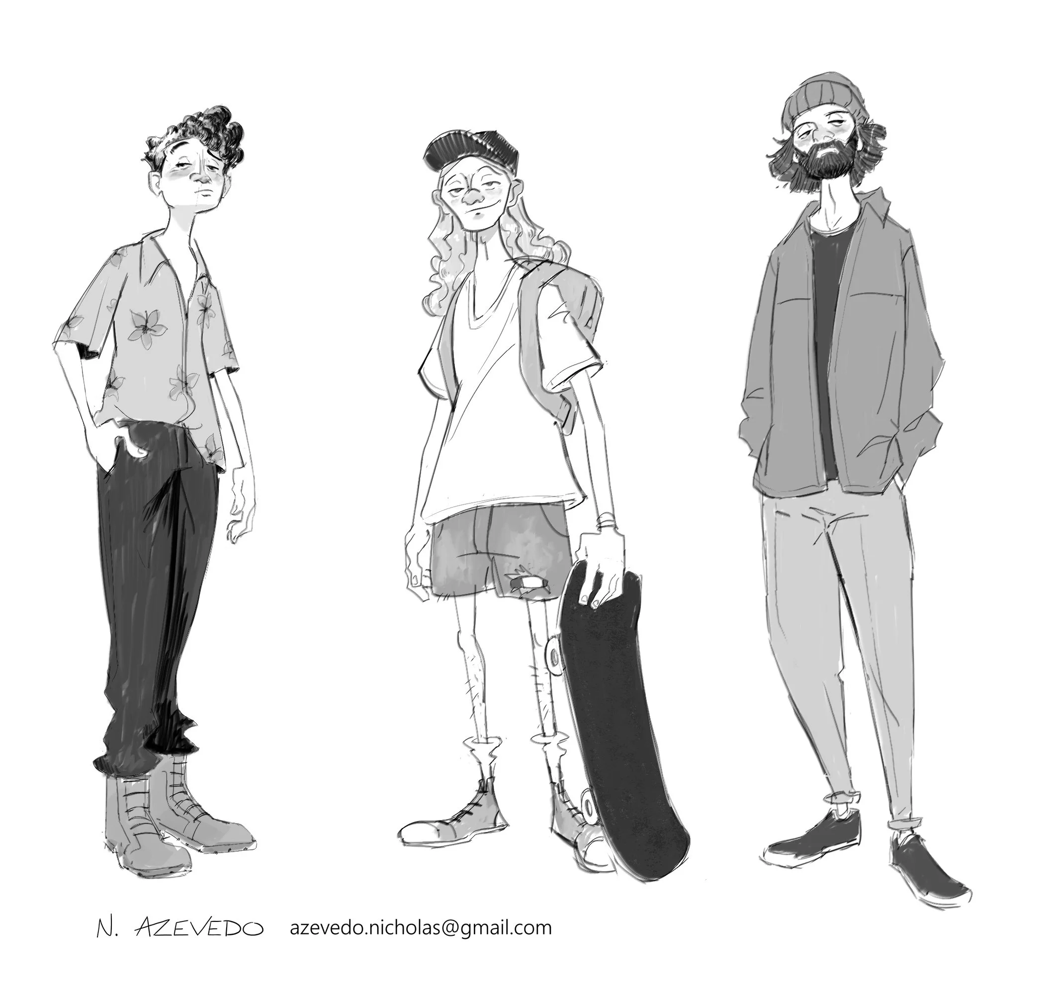 Black and white sketch of three young men standing in a row, each with a distinct style. The first on the left has curly hair, wearing a Hawaiian shirt and dark pants. The middle has long hair, a cap, and casual clothing. The third on the right has a