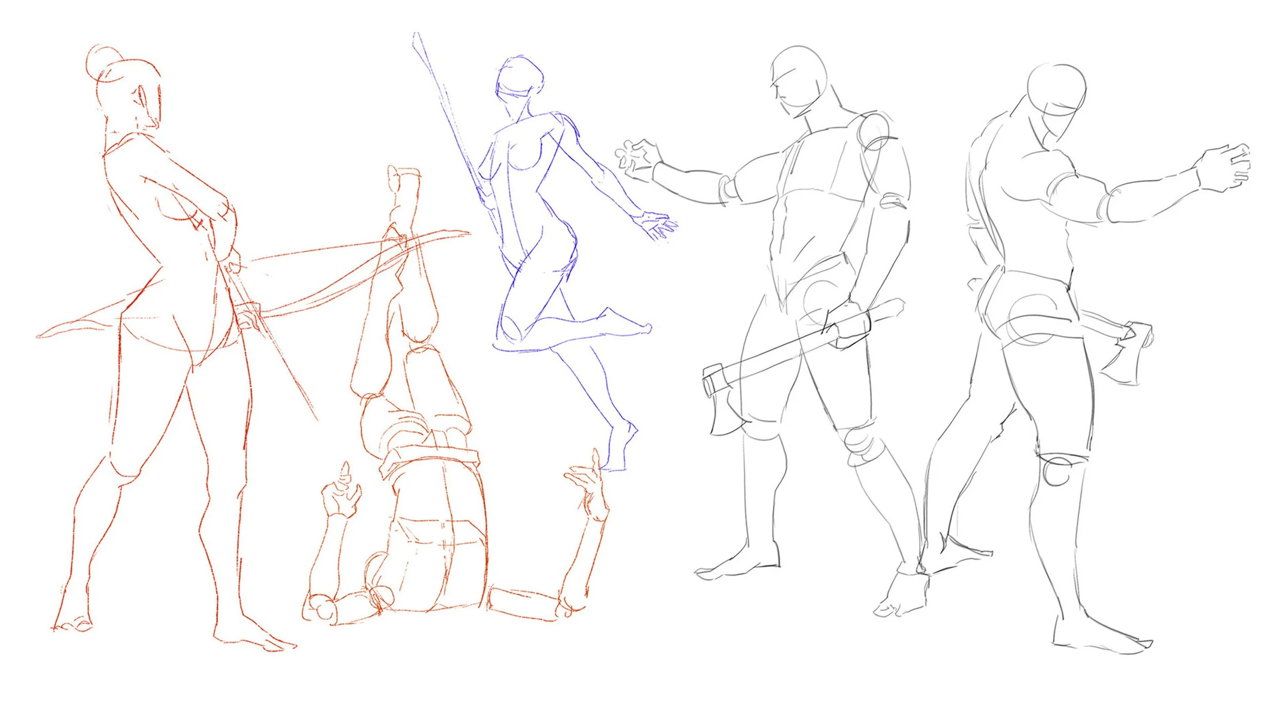 Gesture and figure study sheet featuring digital line sketches of five dynamic character poses, including a standing female archer with a bow, a mid-air acrobatic kick, a leaping spear-wielder, and two muscular male figures holding battle axes.