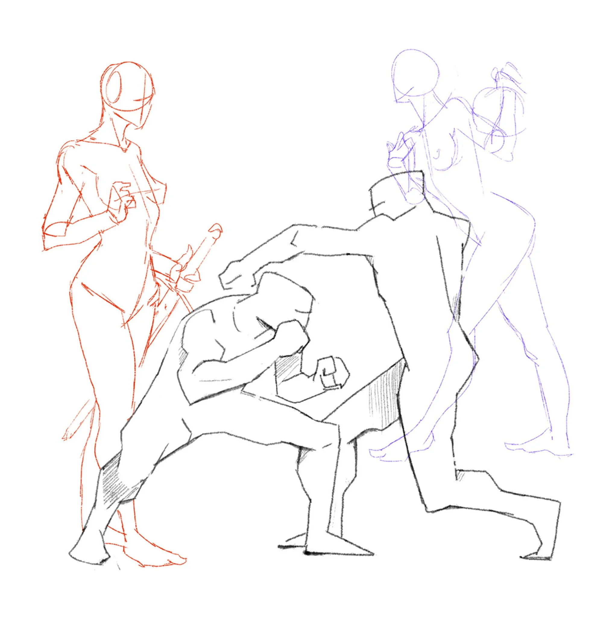 Digital line drawing study sheet featuring four mannequin figure sketches in action and standing poses, including two central combatants in boxing stances rendered in black ink, flanked by two female figure constructions drawn in red and blue pencil.