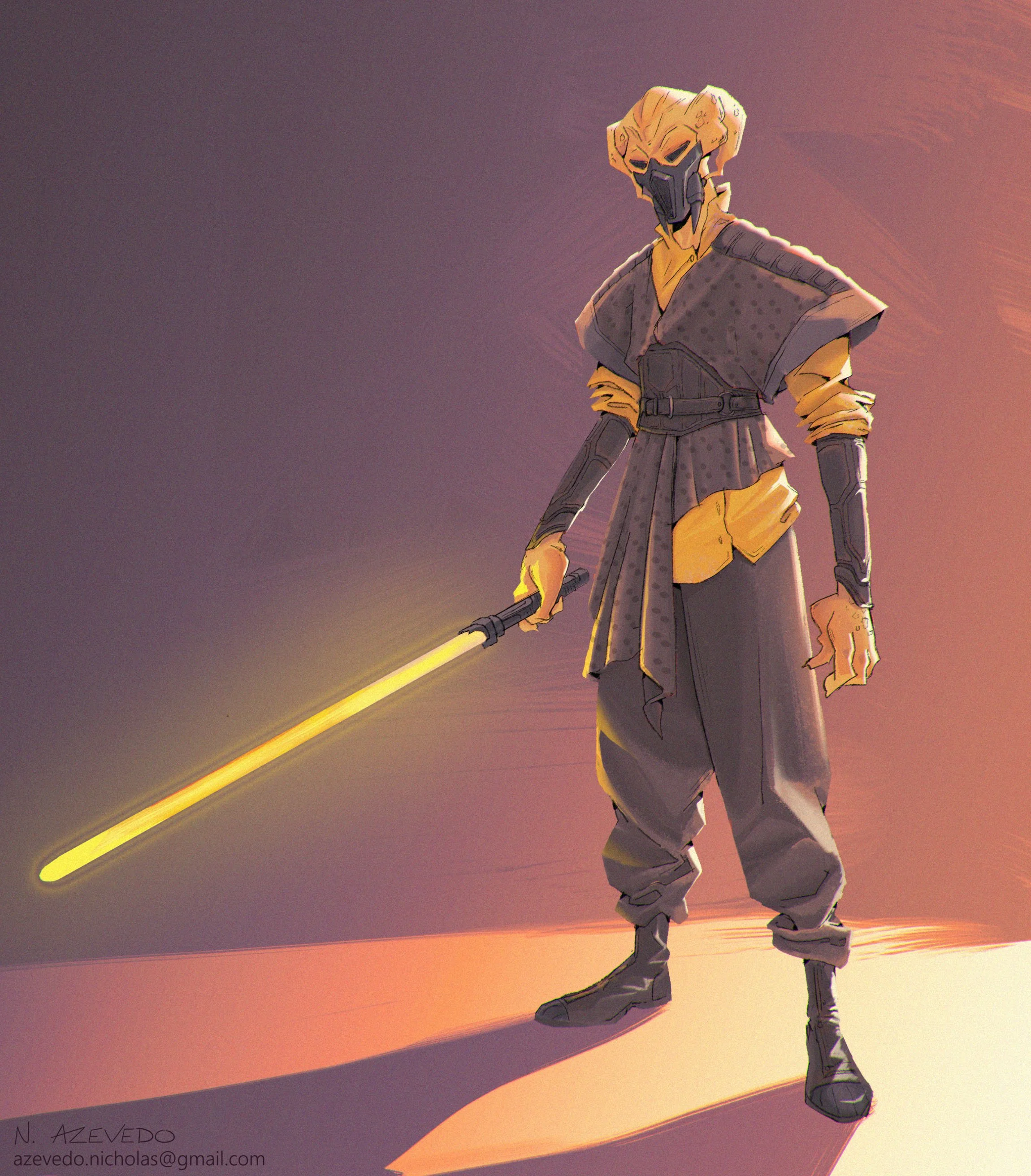 Full-color visual development character design of Plo Koon, Jedi Master, wearing dark tunics, yellow undershirts, and a face mask breathing apparatus, ignited with a glowing yellow lightsaber.