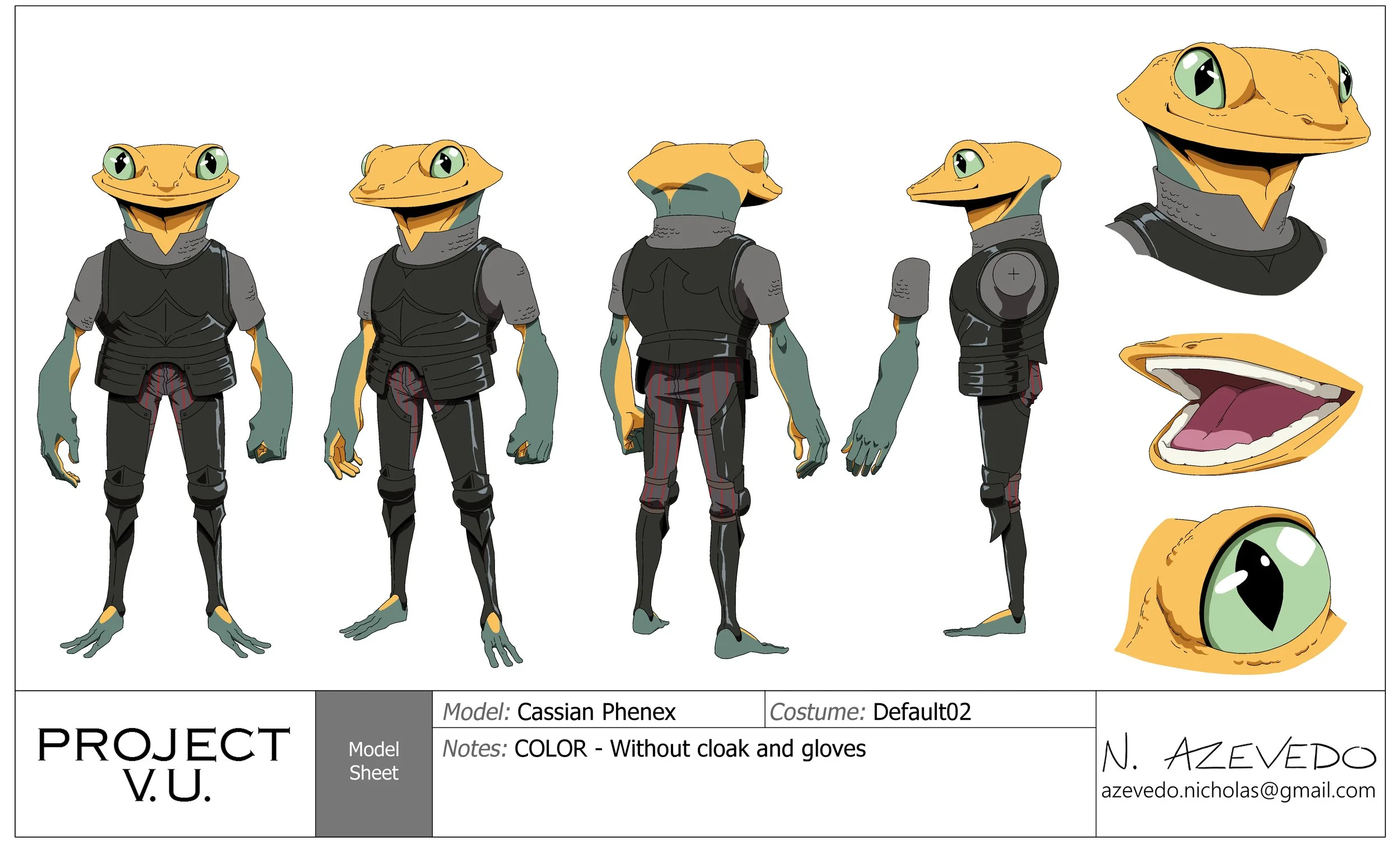 Character design model sheet for Cassian Phenex featuring full turnaround views, mouth open callouts, and eye details of an uncloaked yellow and green humanoid frog warrior in dark chest armor and dark pants.