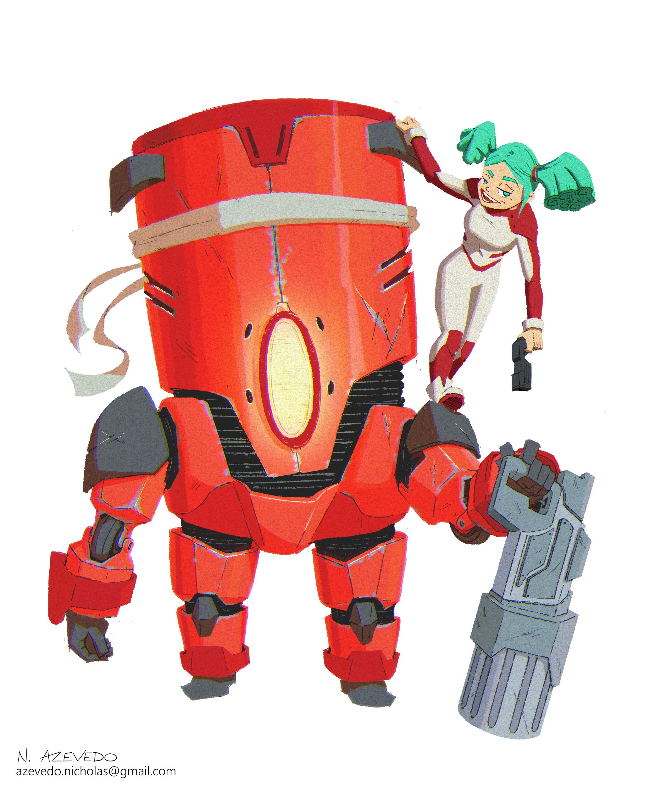 Visual development character illustration of a teal-haired female pilot with pigtails holding a handgun, leaning dynamically against a massive bright red armored mech with a glowing central eye visor and a heavy mechanical minigun arm.