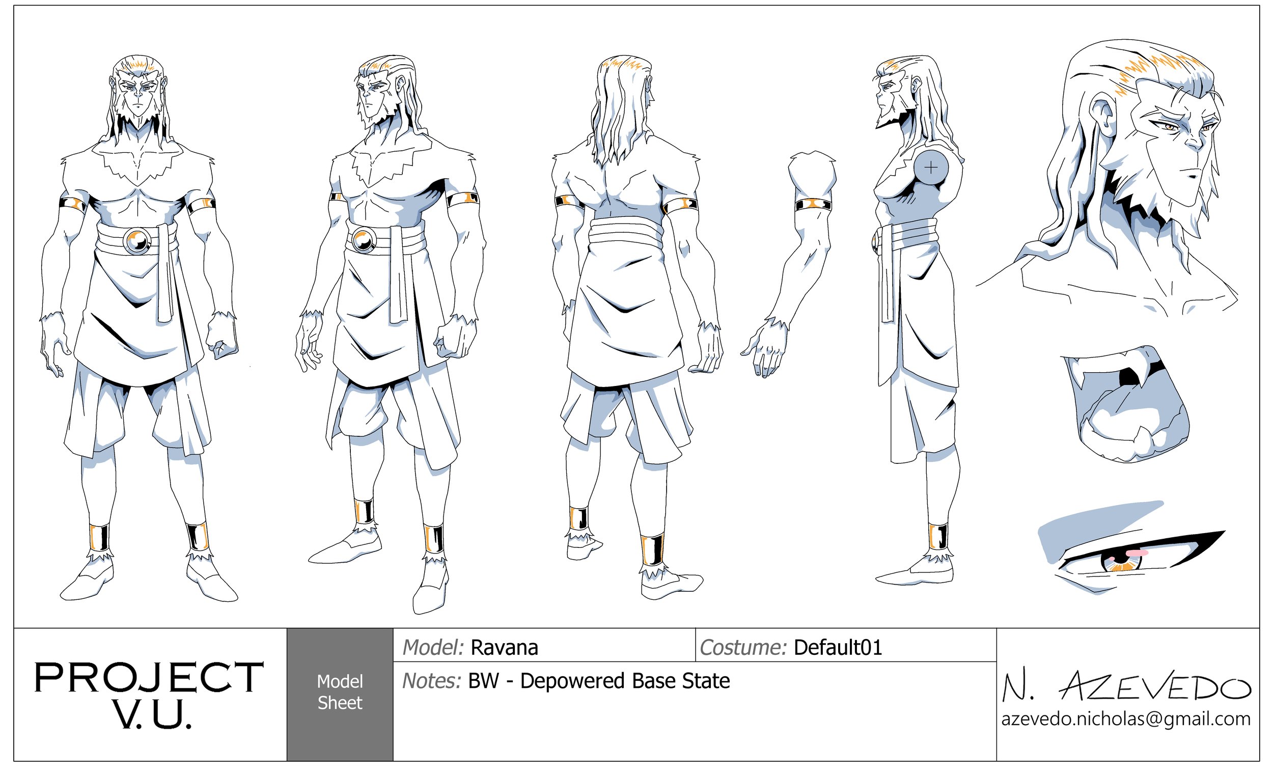 Black and white character design model sheet for Ravana detailing full turnaround views, mouth structure, and eye callouts for a depowered monkey warrior.