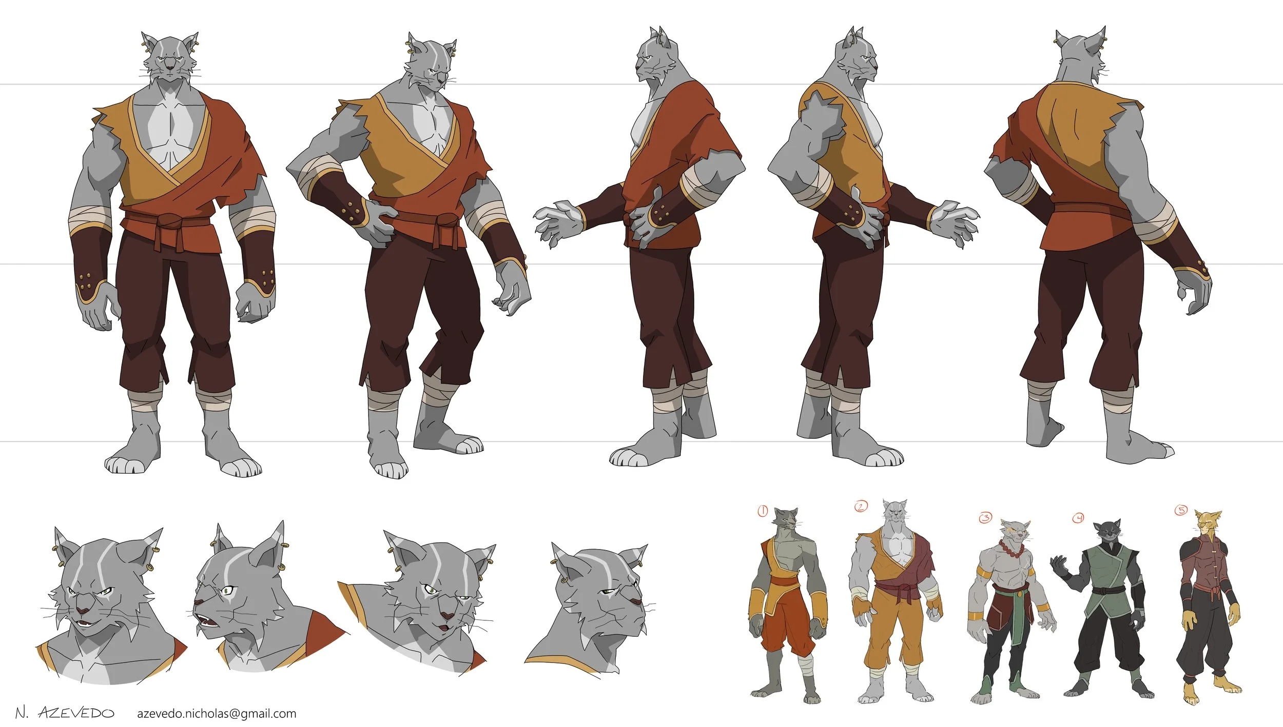 Character design model sheet featuring a full turnaround, expression studies, and thumbnail color variations for a muscular grey-furred monk Tabaxi rendered in a Vox Machina animation style, wearing a two-tone orange and maroon tunic with bracers.