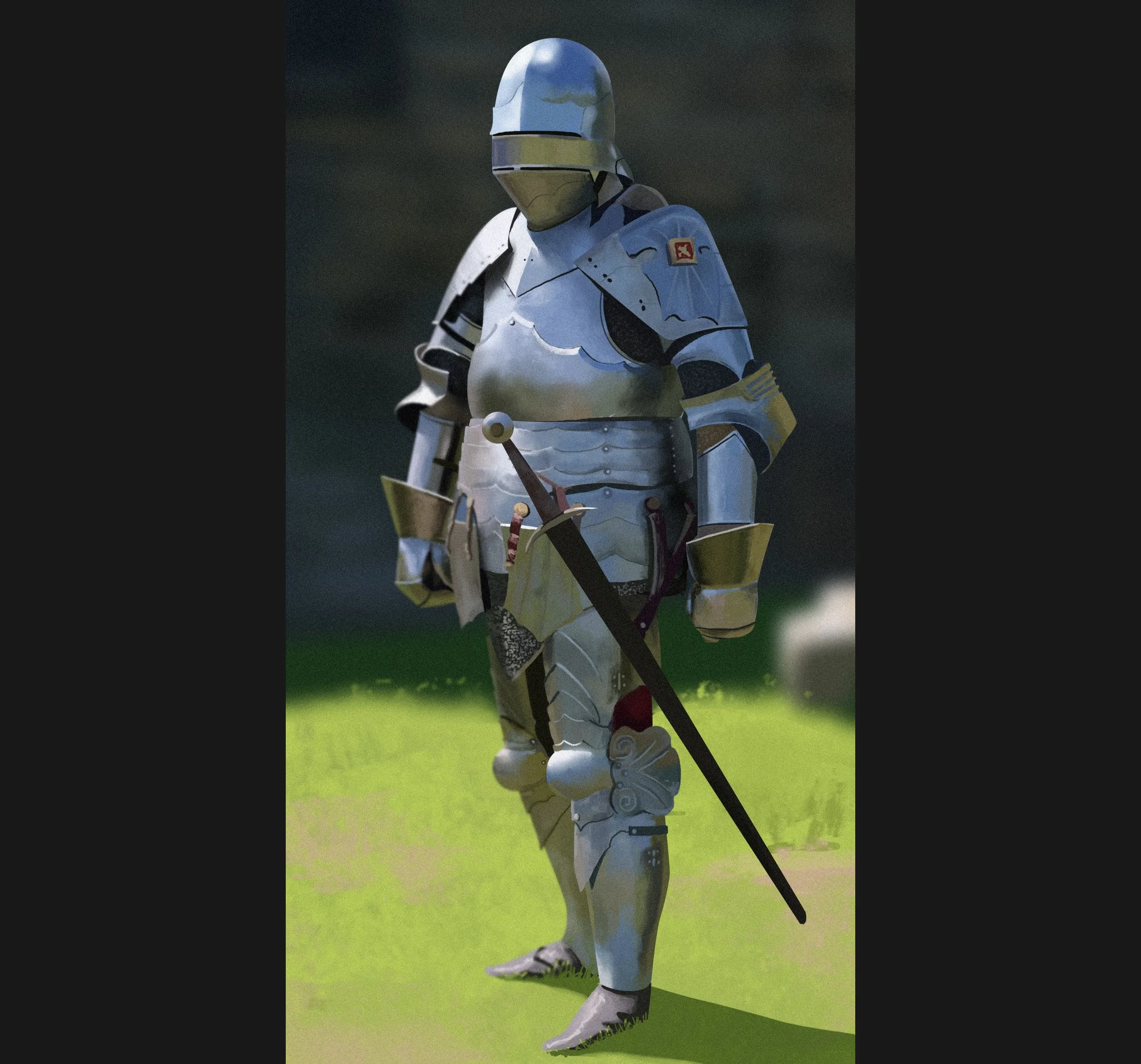 Digital painting study of a medieval knight clad in highly reflective full Gothic plate armor, featuring a sallet helmet, bevor, pauldrons, and a longsword resting at the hip.