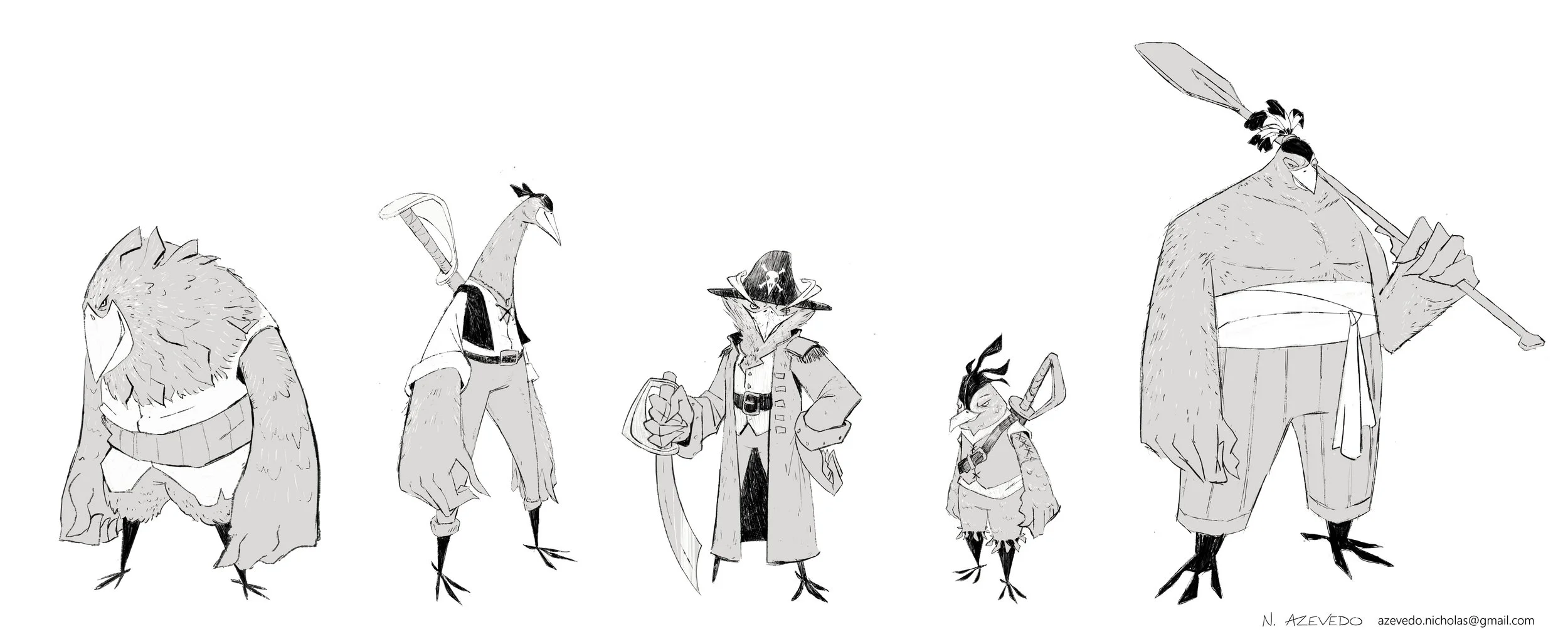 Illustration of six anthropomorphic bird characters dressed as pirates and explorers, standing in a row. From left to right: a large bird with feathered clothing, a tall bird with a sword; a bird with a pirate hat and coat; a smaller bird with a band