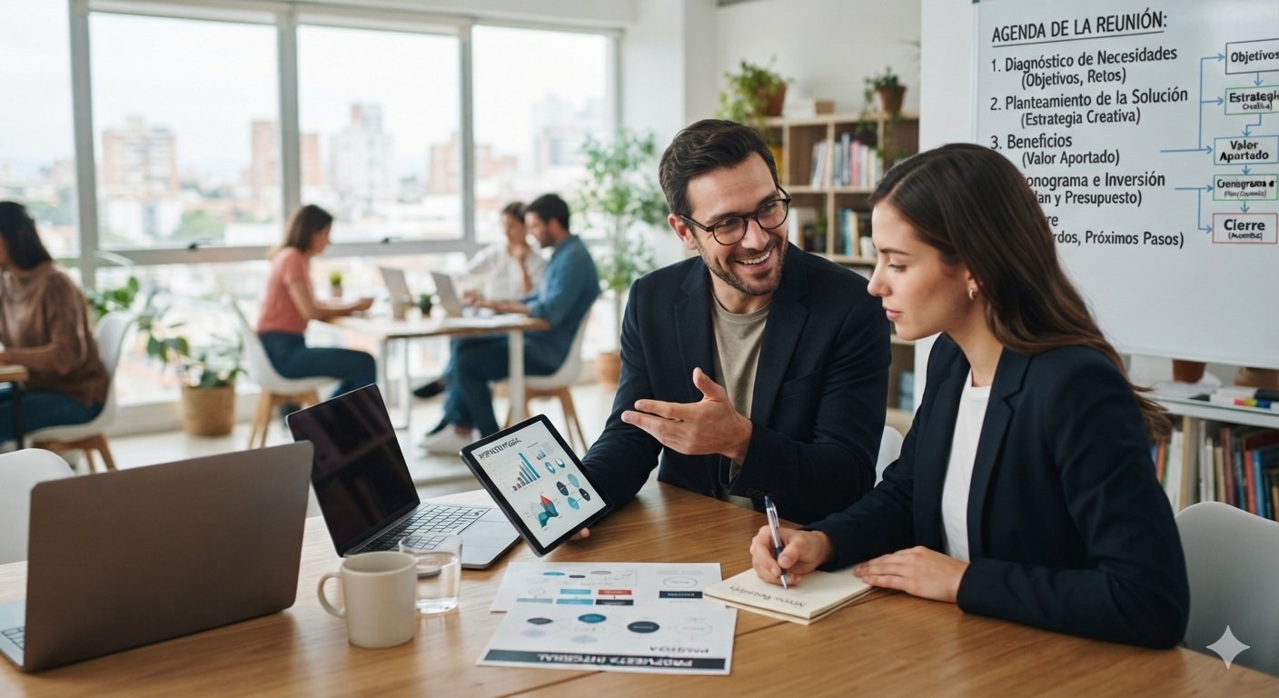 Dos personas en una reunión de trabajo hablando, una con una tablet con gráficos y otra tomando notas, en un entorno de oficina con ventanas grandes, plantas y una pizarra con el agenda de la reunión.