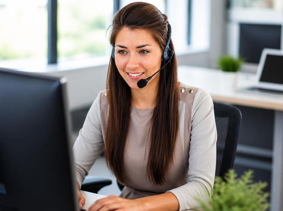 Mujer joven con auriculares de diadema y micrófono trabajando en una oficina, sonriendo mientras mira la pantalla del computador.