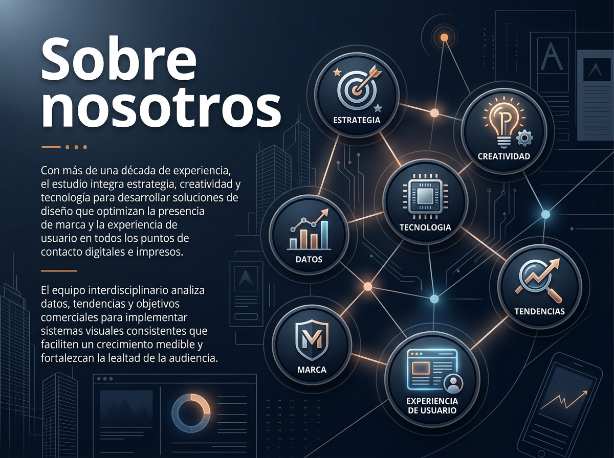 Infografía sobre una empresa que combina estrategia, creatividad y tecnología para desarrollar soluciones de diseño, con enfoques en datos, tendencias, marca, experiencia de usuario y tecnología.
