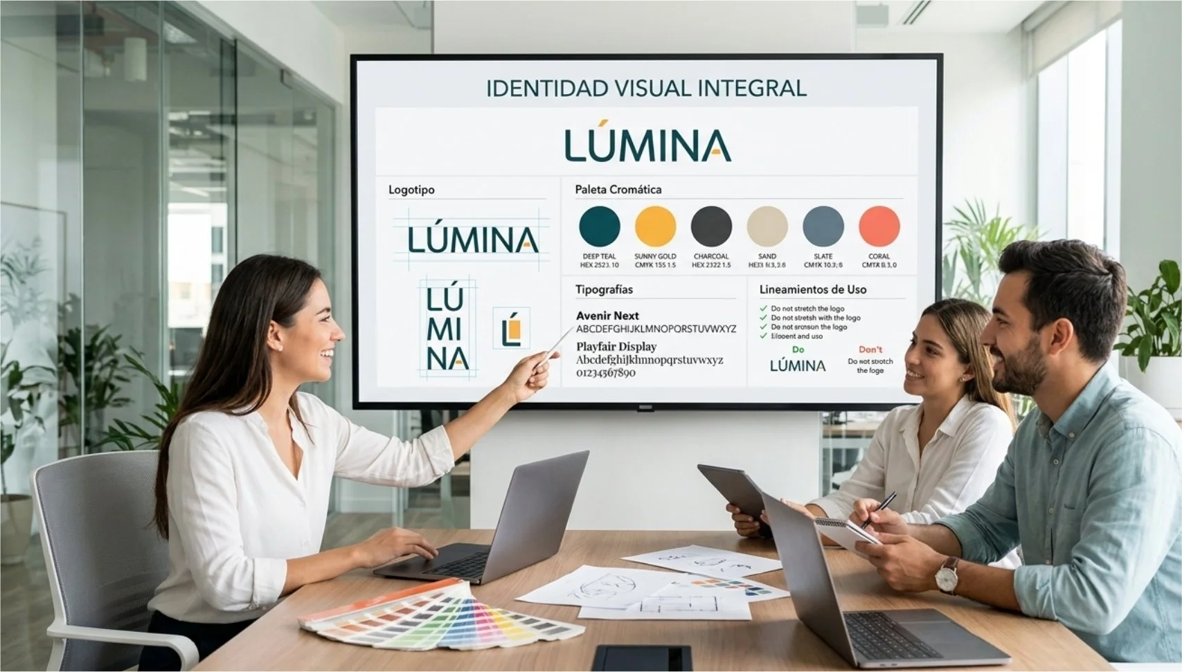 Reunión de tres personas en una oficina presentando un cartel digital con la marca "LÚMINA" y directrices de marca, incluyendo paleta de colores, tipografías, lineamientos de uso y logotipo.