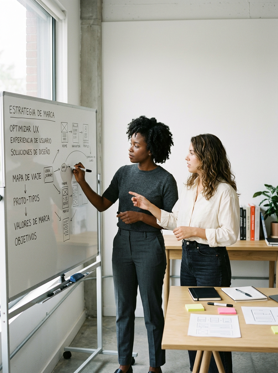 Dos mujeres en una oficina discutiendo una estrategia en una pizarra blanca, que tiene esquemas y palabras relacionadas con marca, experiencia de usuario, diseño, mapa de viaje, proto-tipos, valores de marca y objetivos.