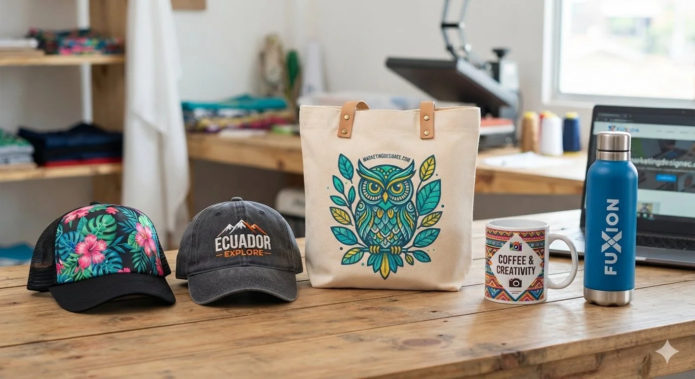 Varios objetos en una mesa de madera: dos gorras (una con diseño floral y otra con logotipo de Ecuador), una bolsa de tela con un búho y hojas, una taza con el texto "Coffee & Creativity", y una botella azul con la marca "FUXION".