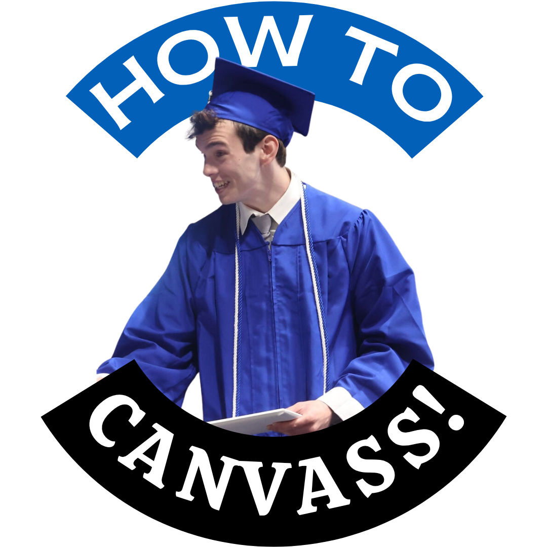 A young man in a blue graduation cap and gown, smiling and holding a diploma, with the words "How to" above and "CAnVASs!" below in a circular arrangement.