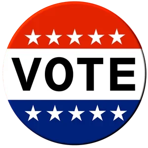 Election vote badge with red, white, and blue colors and stars.