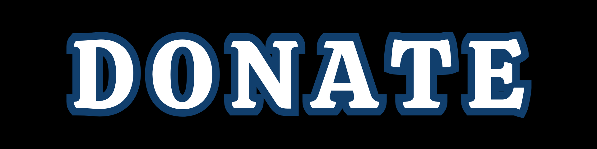 The word 'DONATE' in large, bold, white letters outlined in dark blue, with a black background.