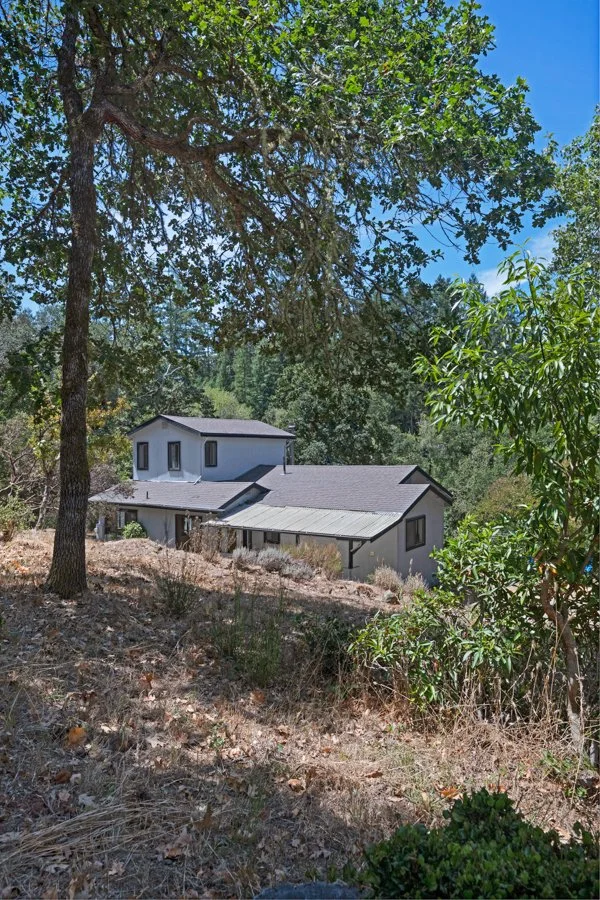 A house surrounded by trees and dry foliage on a clear day.