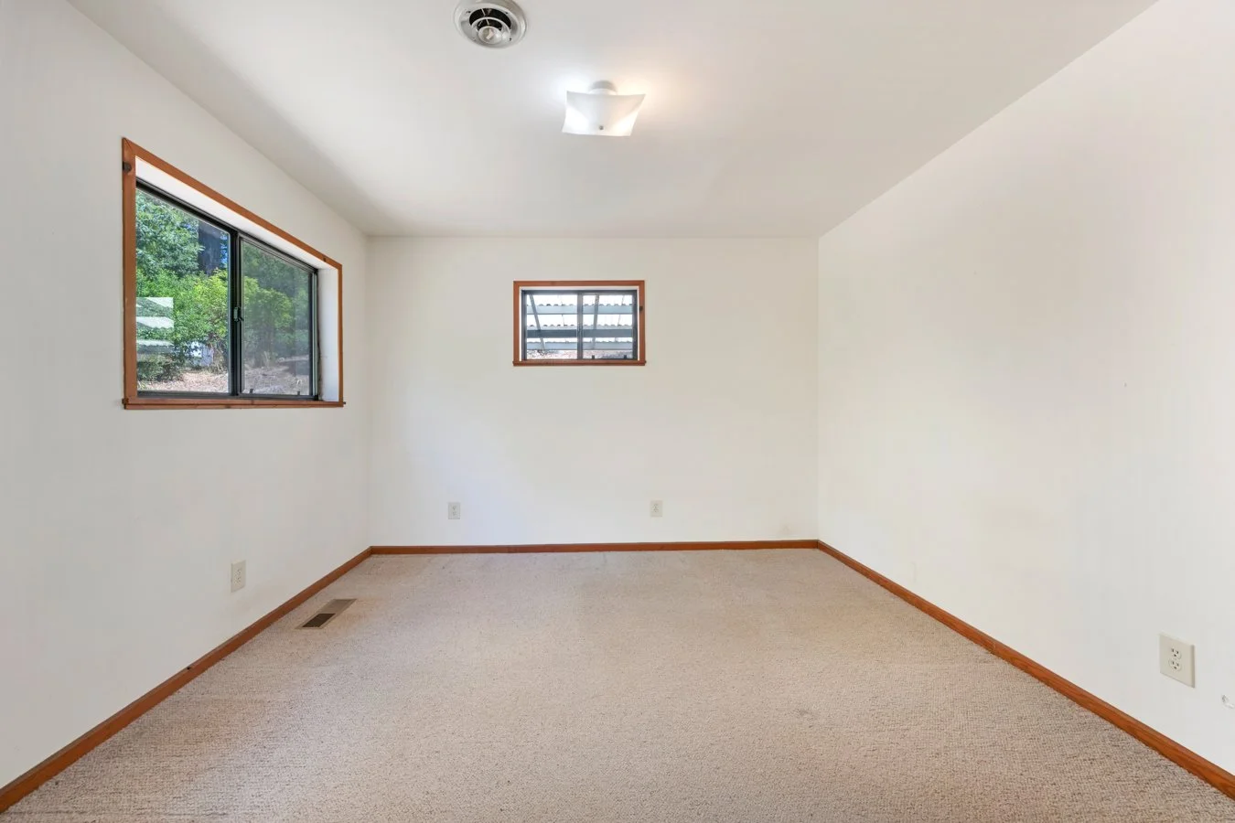 Empty room with beige carpet, white walls, two windows with wood trim, and a ceiling light fixture.