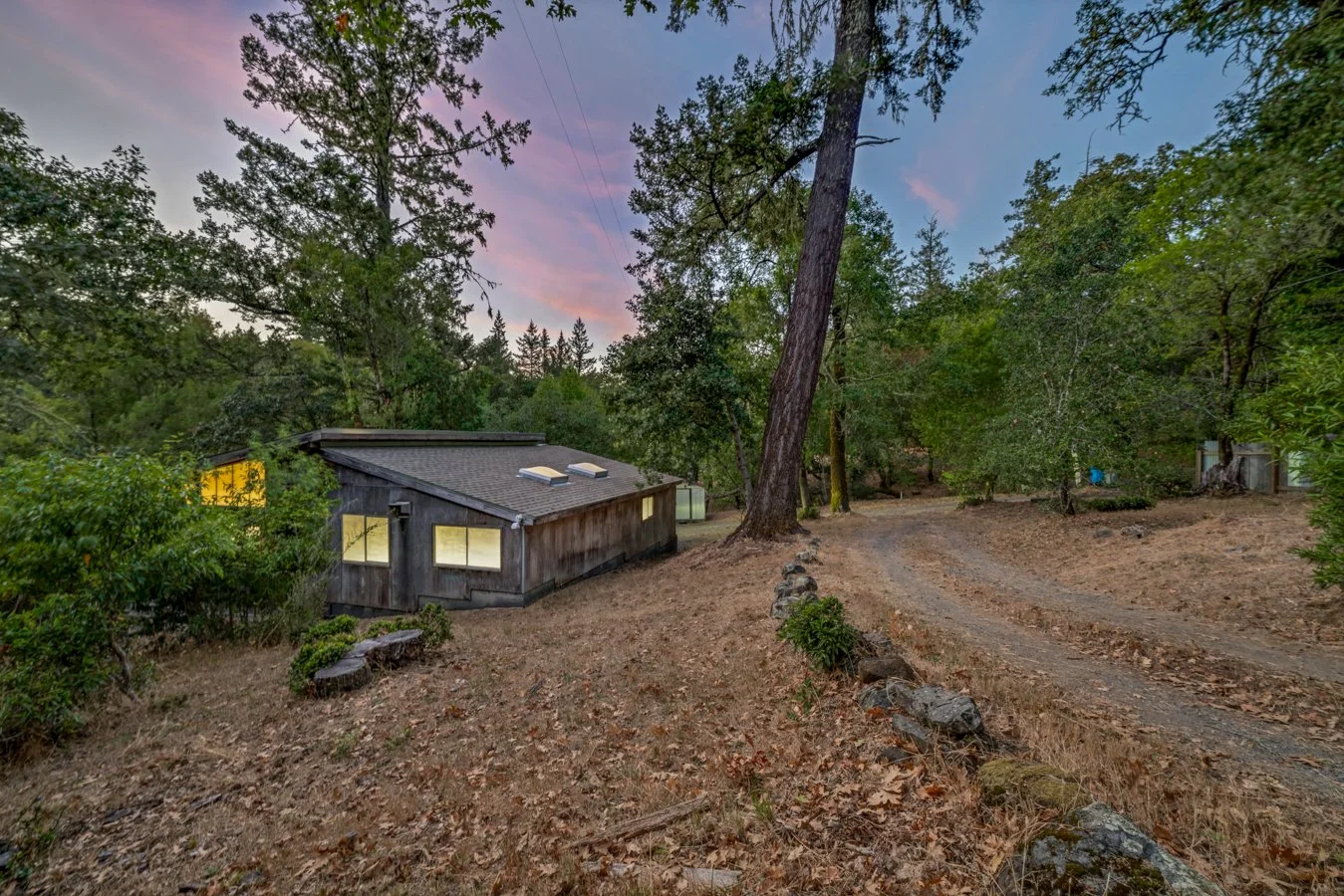 A small rustic house with a sloped roof and skylights, surrounded by tall trees and a dirt pathway in a wooded area at dusk.