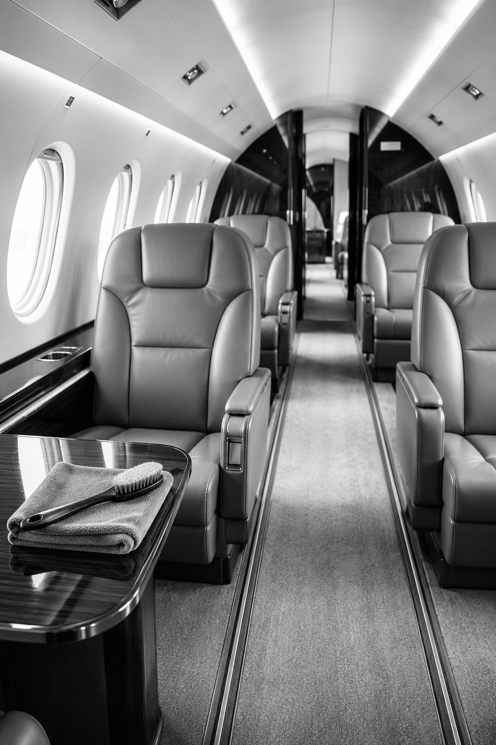 Interior of private jet with leather seats, windows, grooming supplies, and an aisle in black and white.