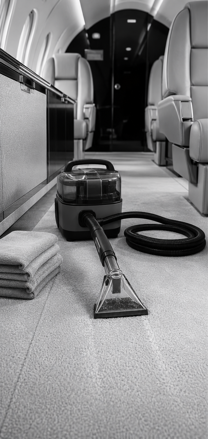 Vacuum cleaner on airplane carpet near folded towels and airplane seats.