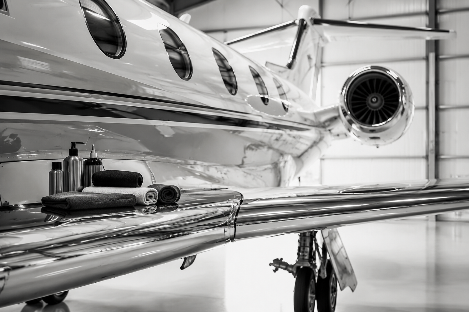 Detailed aircraft exterior in a hangar