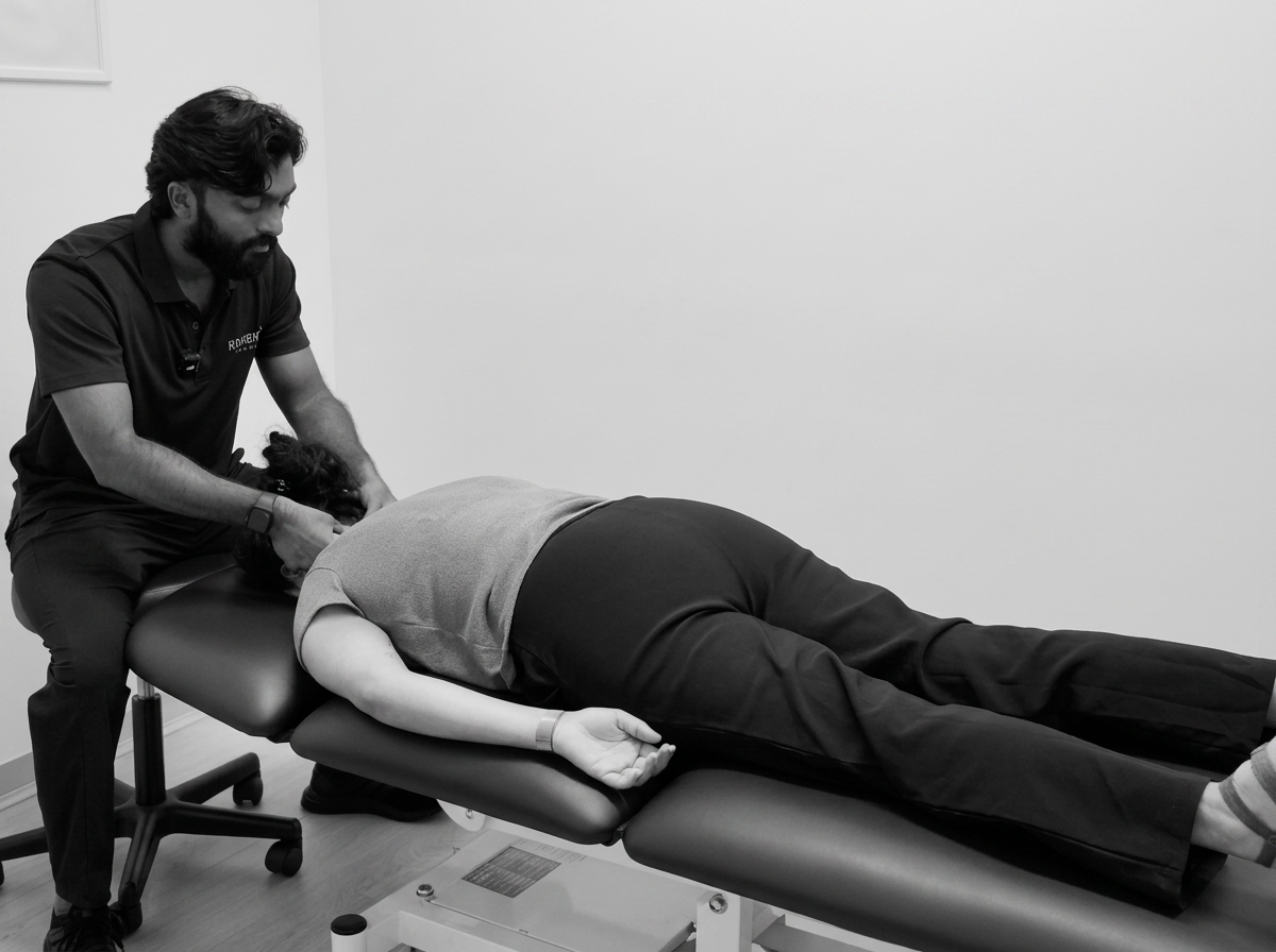 Vestibular Physiotherapist assessing the upper-neck on a woman in Blacktown with vestibular migraine and dizziness.
