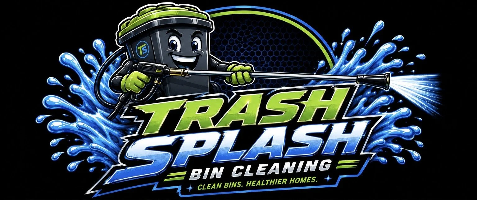 Cartoon garbage bin character with a smiling face, holding a spray nozzle, surrounded by water splashes, promoting Trash Splash Bin Cleaning service.
