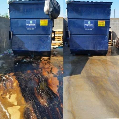 Comparison of a trash bin area before and after a cleaning, showing a stained, dirty concrete surface on the left and a clean, wet concrete surface on the right.
