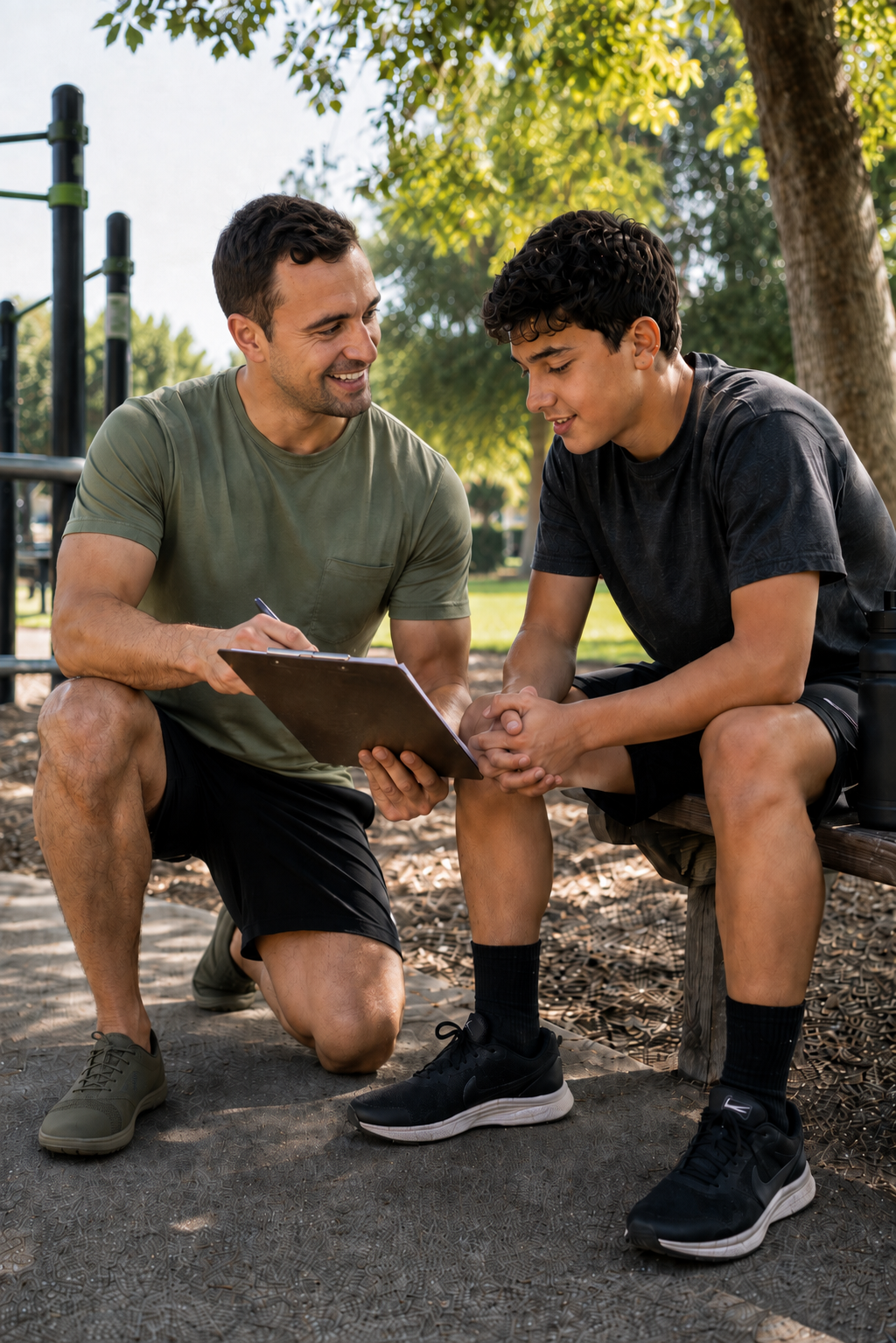 A man kneeling on one knee and a young man sitting on a park bench during exercise, having a discussion, with trees and playground equipment in the background.