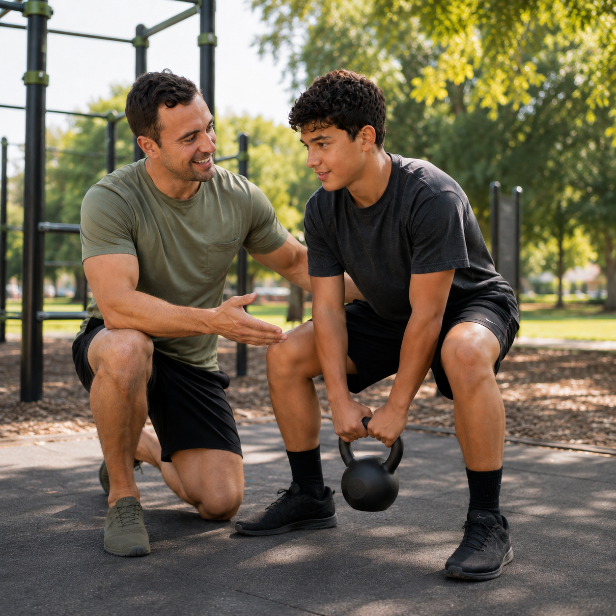 A personal trainer encouraging a teenage boy during outdoor workout, with the boy holding a kettlebell, at a park gym area.