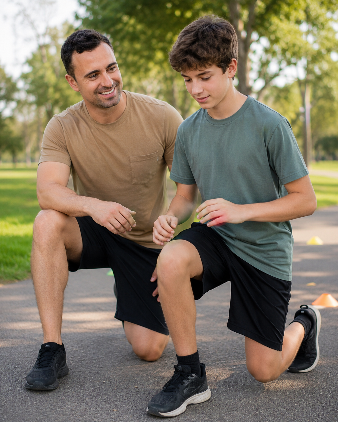 A man and a teenage boy are outdoors on a paved path in a park, with the man helping the boy do knee exercises or stretches. They are both wearing casual athletic clothing, and there are trees and grassy areas in the background.