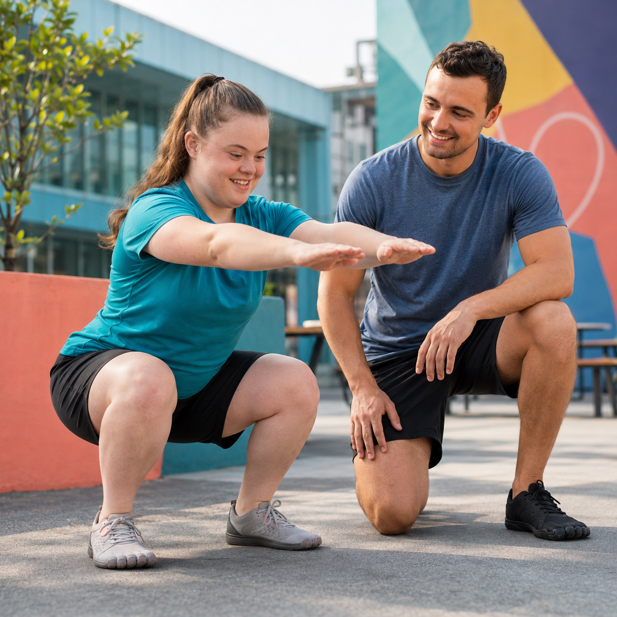 A woman performing a squat exercise with a man coaching her outdoors near a colorful wall and modern buildings.