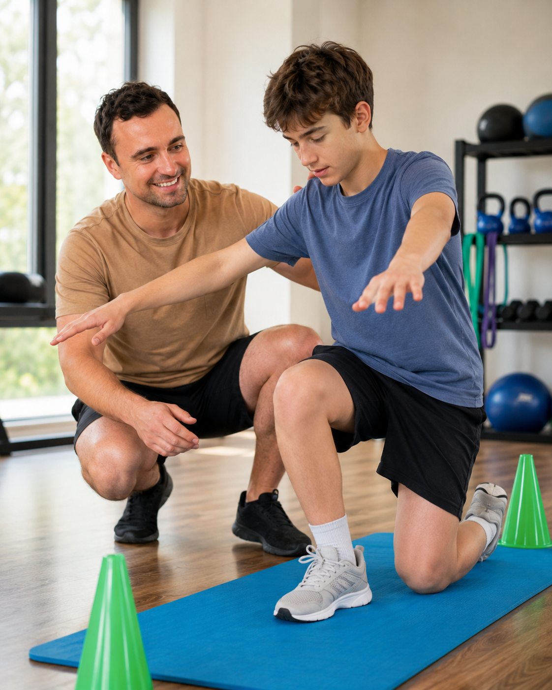 A young boy doing a knee bend exercise on a yoga mat at the gym while a male trainer helps him; the trainer is smiling and watching.