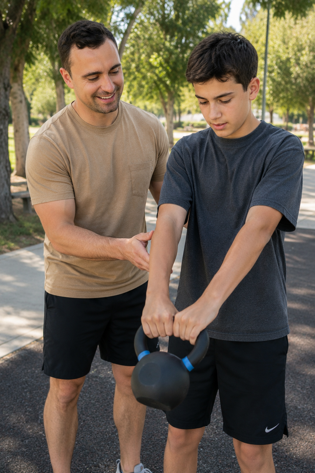 A man helping a boy lift a kettlebell outdoors in a park during daytime.