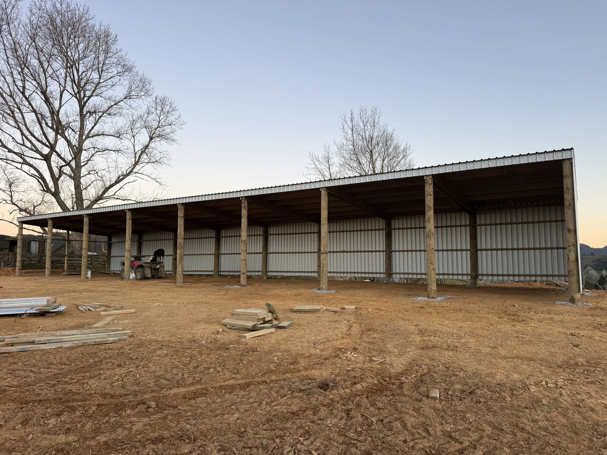 Construction site with a metal building under construction, dirt ground, and leafless trees in the background during dusk.