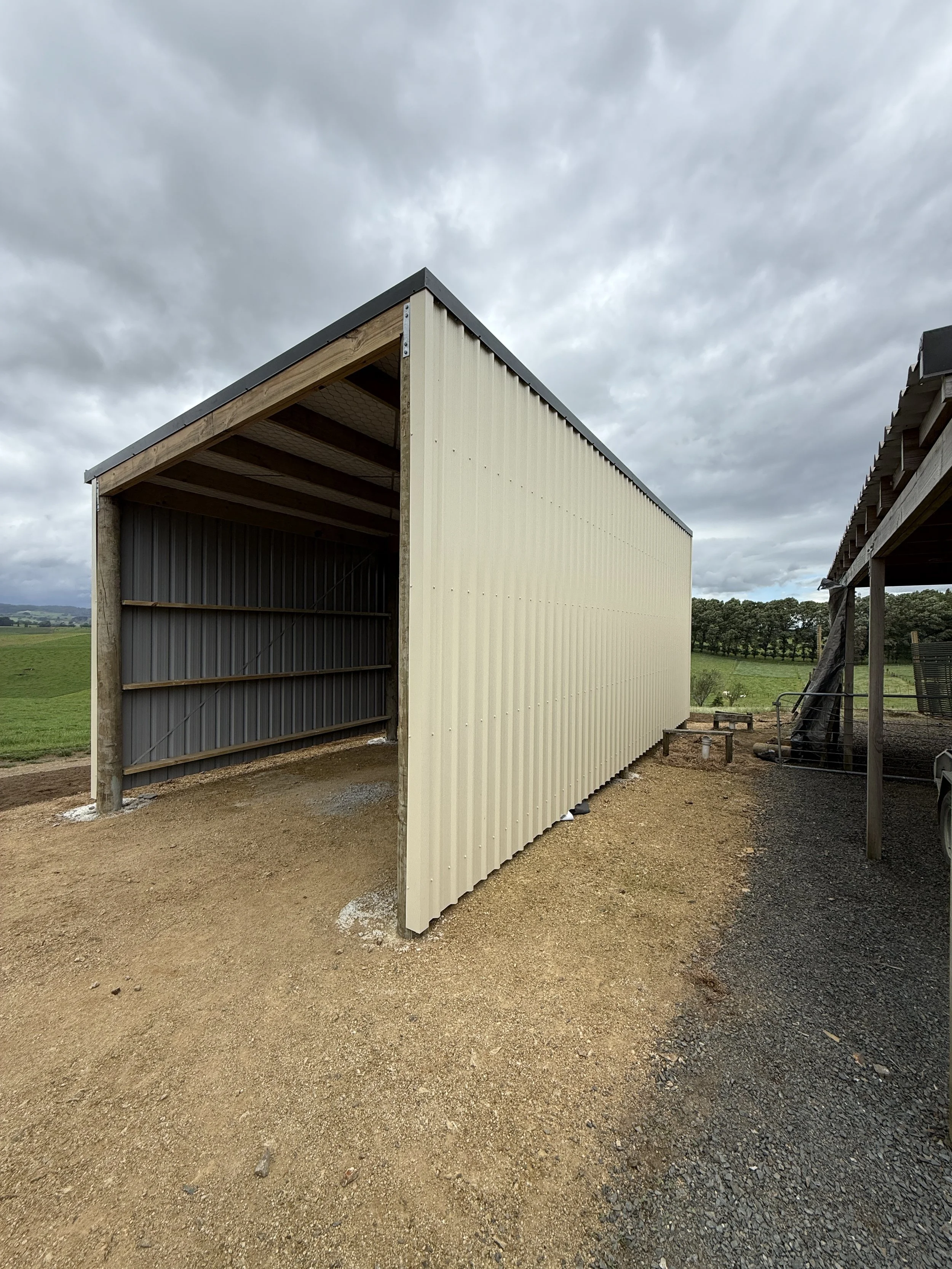 An unfinished metal storage shed with a beige exterior sidewall, open front, and wooden framing. The shed is situated on a gravel surface with a rural landscape in the background, overcast sky with gray clouds.
