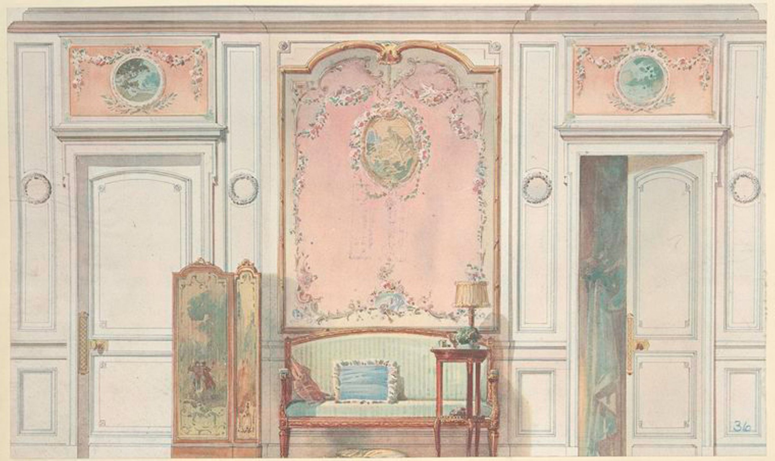 A detailed watercolor or pastel painting of an ornate, pastel-colored room with decorative molding, wall paintings, and furniture, including a chair and a table.