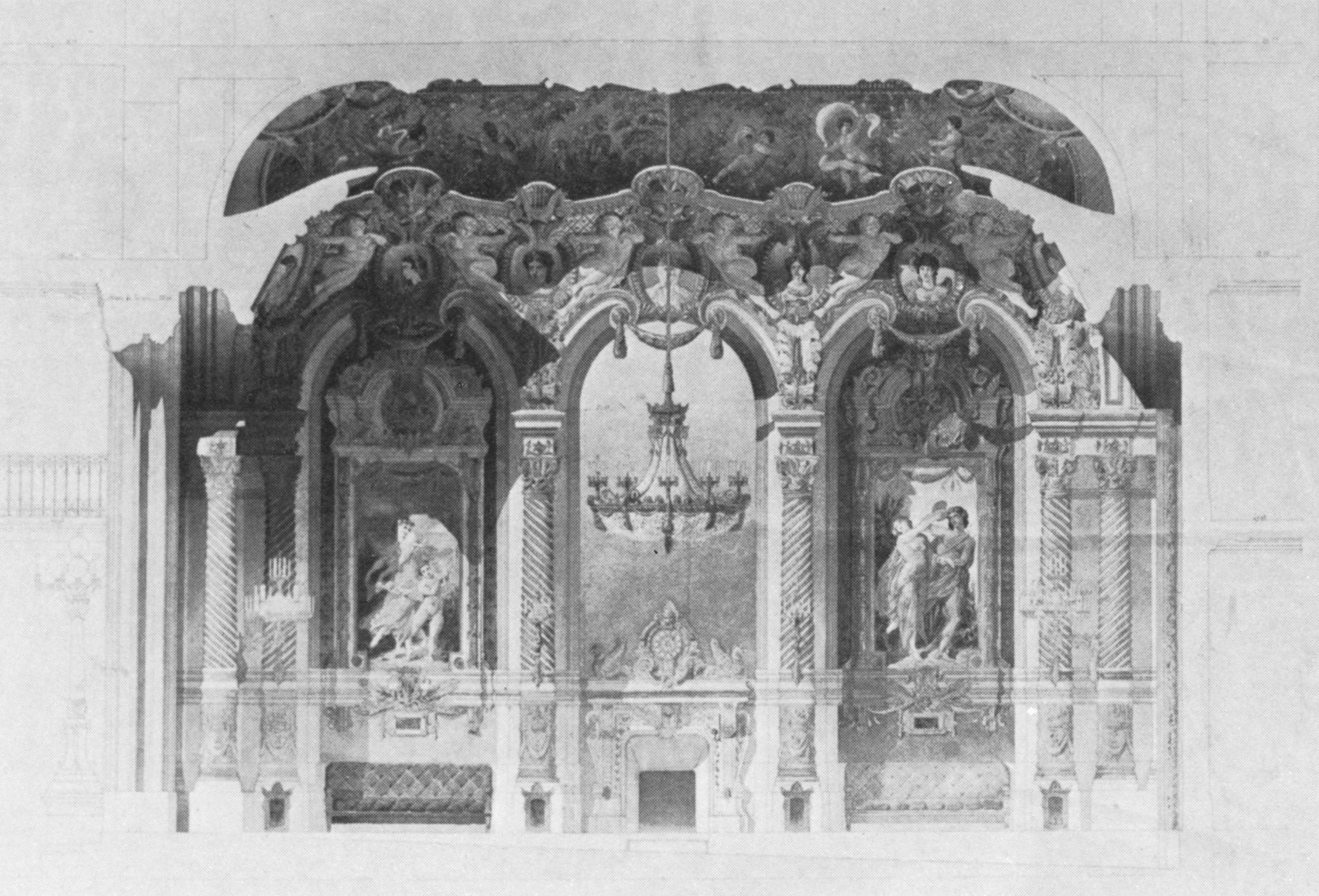 A black and white historical photograph of a building's interior, featuring ornate architectural details, arches, and decorative paintings or murals on the ceiling and walls.