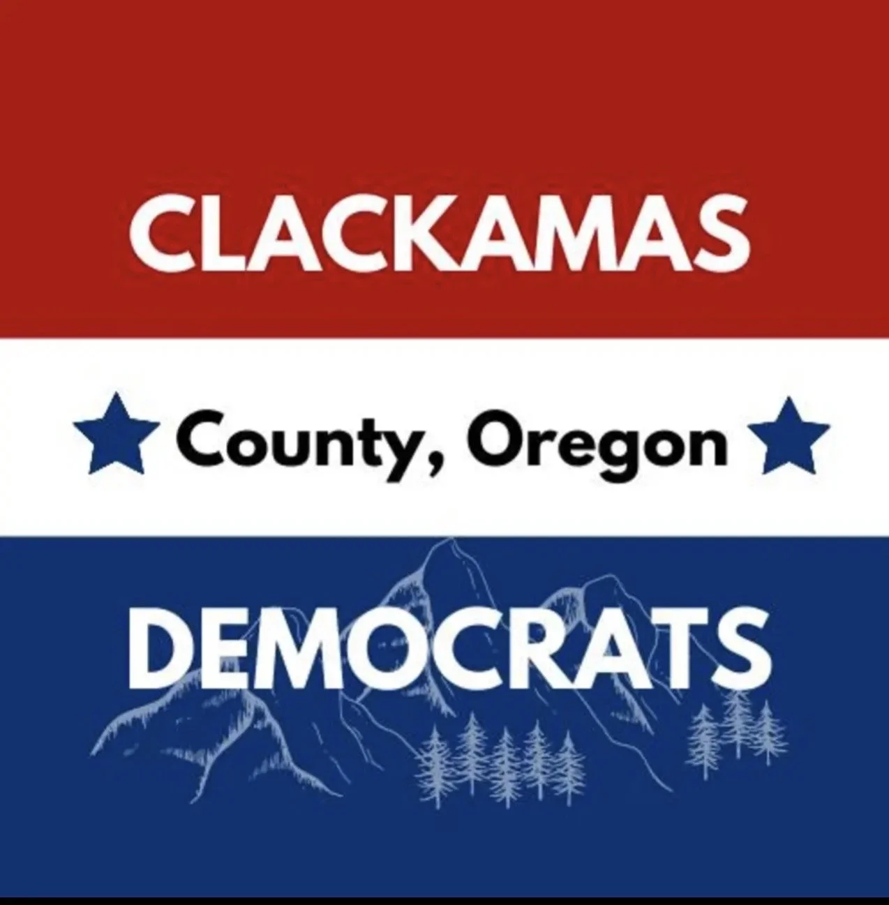Graphic representing political division, with red, white, and blue stripes, and text reading 'Clackamas County, Oregon Democrats', featuring stars and mountain scenery.
